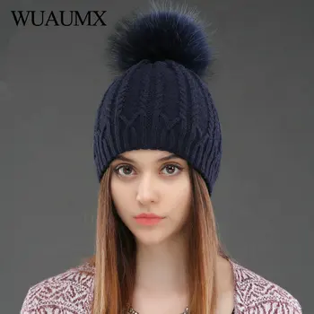 

Wuaumx NEW Double Layer Knitted Wool Hat Natural Raccoon Fur Winter Hat For Women Female Pom Pom Hats Skullies Beanies Cap
