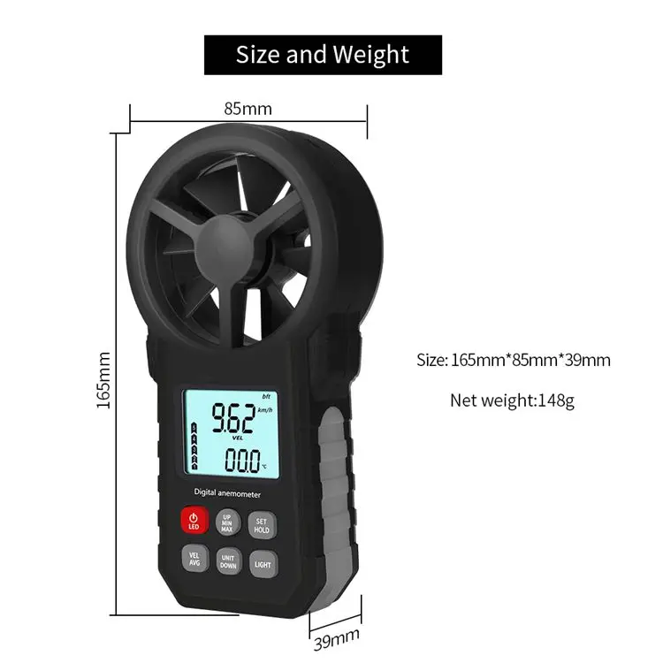 Digital Anemometer LCD Electronic Air Volume Wind Velocity Speed Temperature Value Meter Wind Cold Indicator LED Light Data Hold