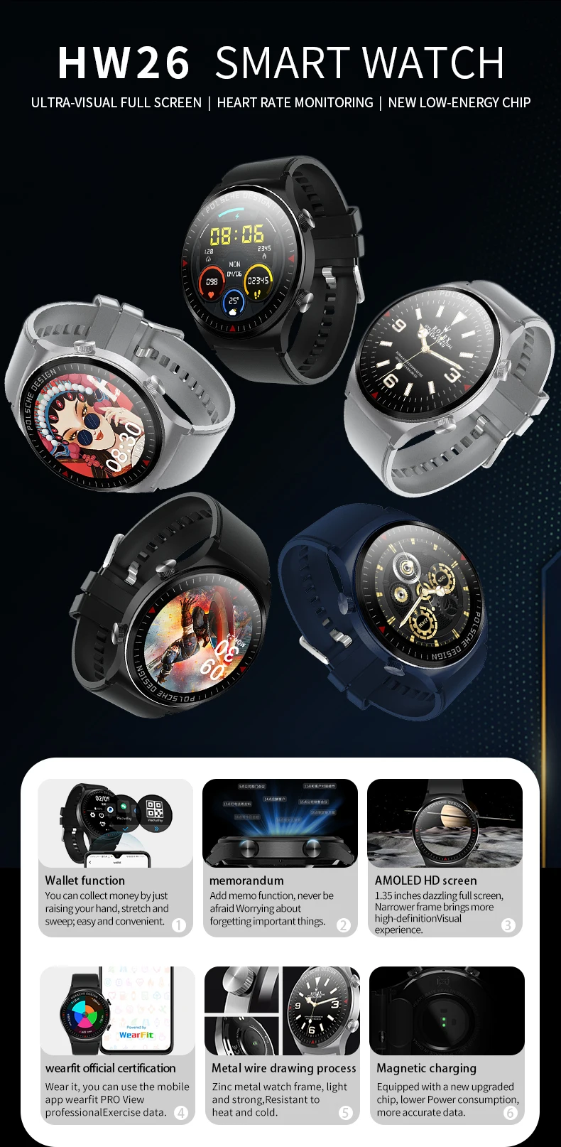 Smart Watch HW26 AMOLED Display Men Sport Clock Bluetooth Make Call Music Play Wristband Heart Rate Monitor Women Smartwatch