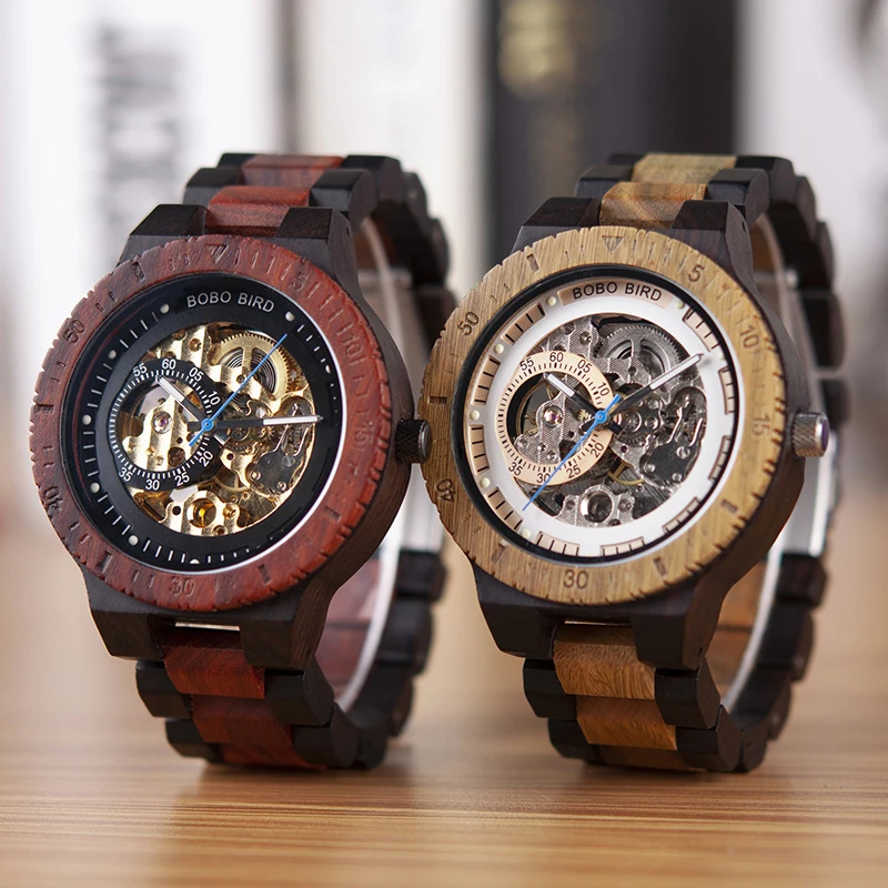 BOBO BIRD Mechanical Watch Men Wooden Automatic Wristwatch Luminous Hands Fashion Clock Custom Wood Gift Box Relogio Masculino