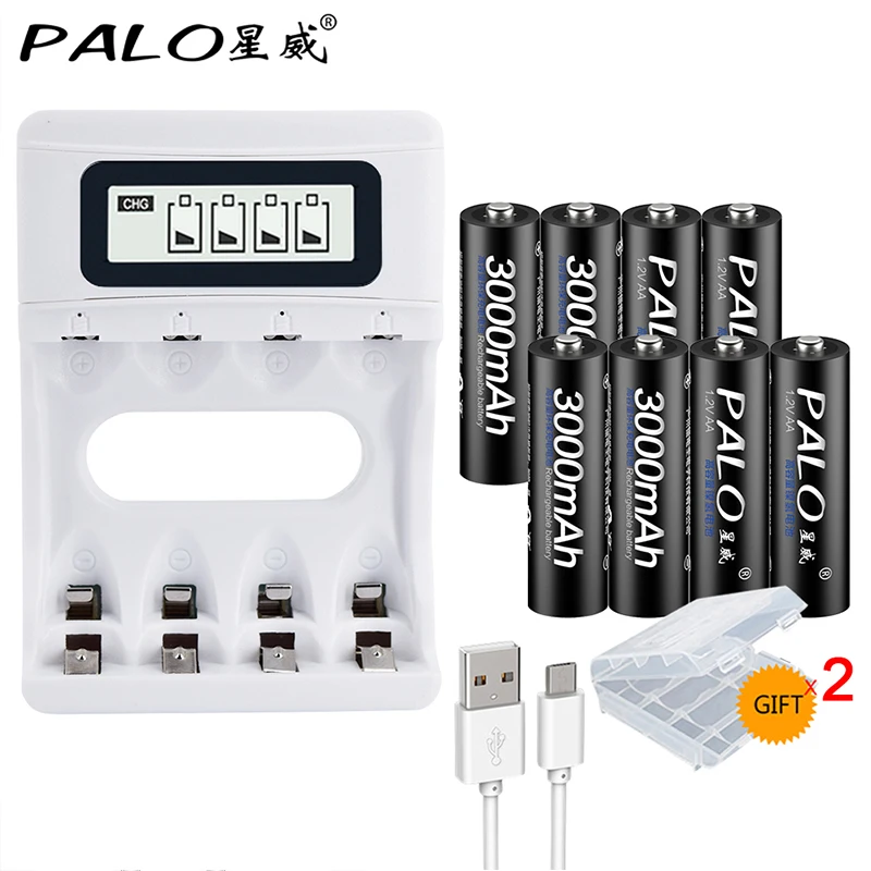 PALO Smart lcd USB зарядное устройство для Ni-MH Ni-Cd AA AAA аккумуляторная батарея+ 4 шт 1,2 в Ni-MH 3000 мАч AA Аккумуляторы - Цвет: charger and 8pcsAA