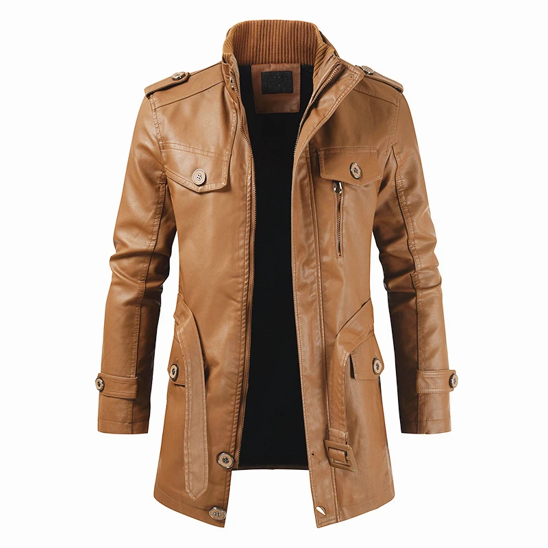 Oumor Men Winter Casual Long Warm Fleece PU Leather Jacket Coat Men Outwear Brand Thick Punk Motor Vintage Leather Jackets Men - Цвет: Yellow
