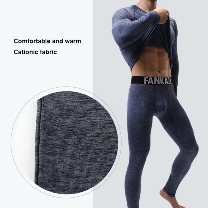 2pcs Men Underwear Set Solid Color Warm Sleepwear Kit Thin Long Sleeve Casual Tshirt Top Bottoms Pants for Fall JL