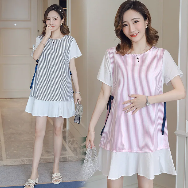 

2020 Summer New Style Korean-style Stripes Fake Two-Piece Mid-length Pregnant Women Dress Doll Skirt Tops Summer