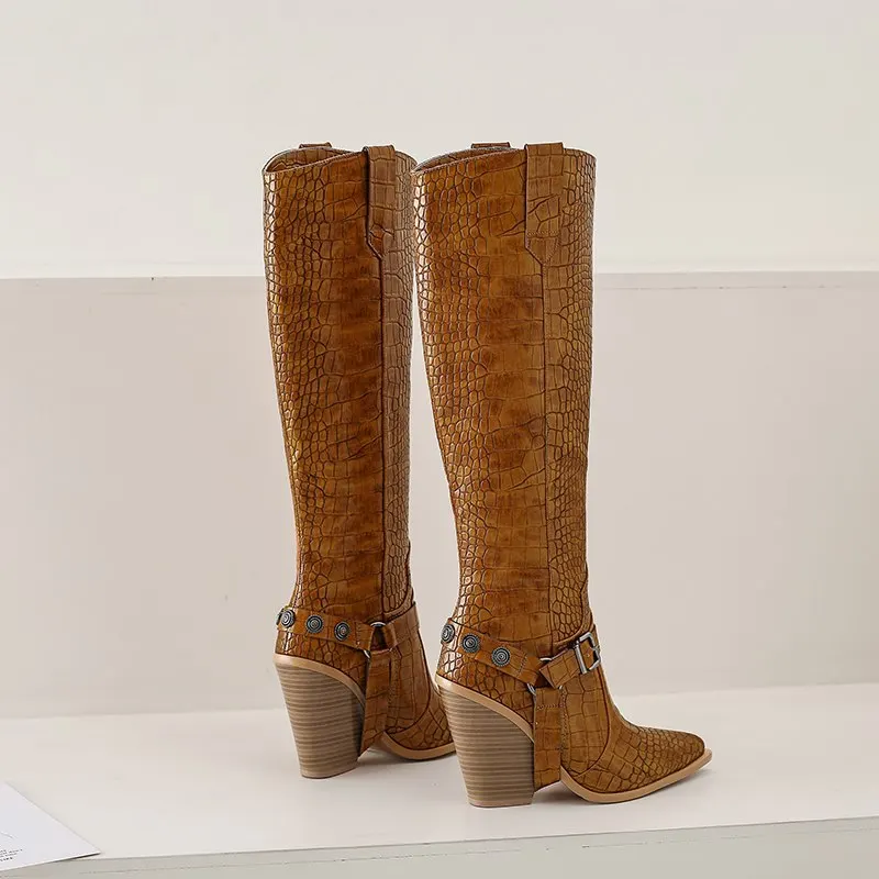 MORAZORA/женские сапоги на платформе и высоком каблуке с острым носком; сезон осень-зима; женские сапоги до колена с пряжкой в западном стиле; женская обувь; коллекция года