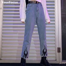 Харадзюку в стиле панк Рок Хип-Хоп Уличная черная пламя джинсовые джинсы Высокая талия Жан femme