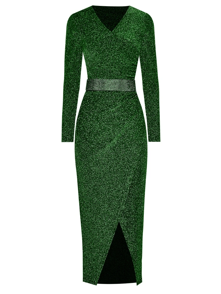 GoodliShowsi High End Noble Women's Sexy Formal Dress Lurex V-Neck Charming Ladies Banquet Party Night Bodycon Dresses 4 Colors