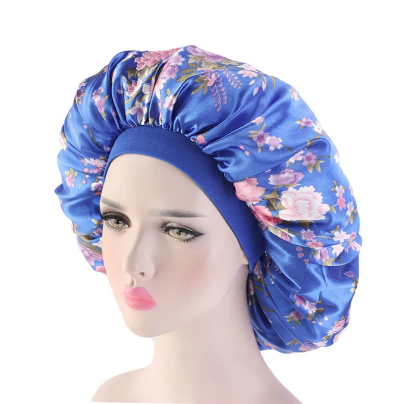 Large Print Satin Silky Bonnet Sleep Cap Width Elastic Band for Women Solid Color Head Wrap Lady Hair Accessories Wholesale