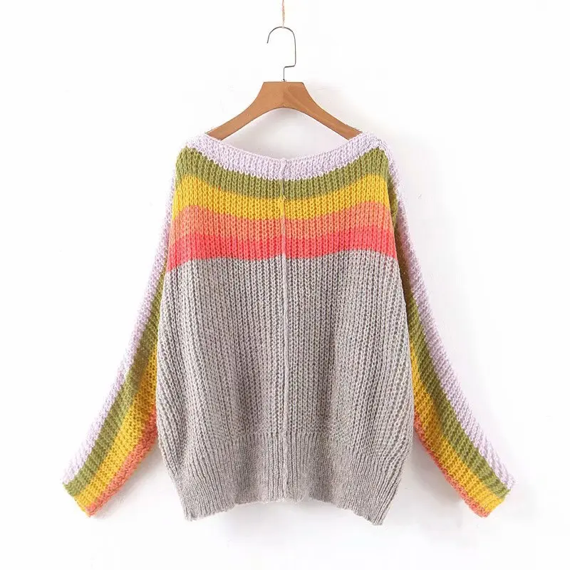 

2019 autumn new sweater women two-color rainbow contrast sweater loose tunic sweater sweater
