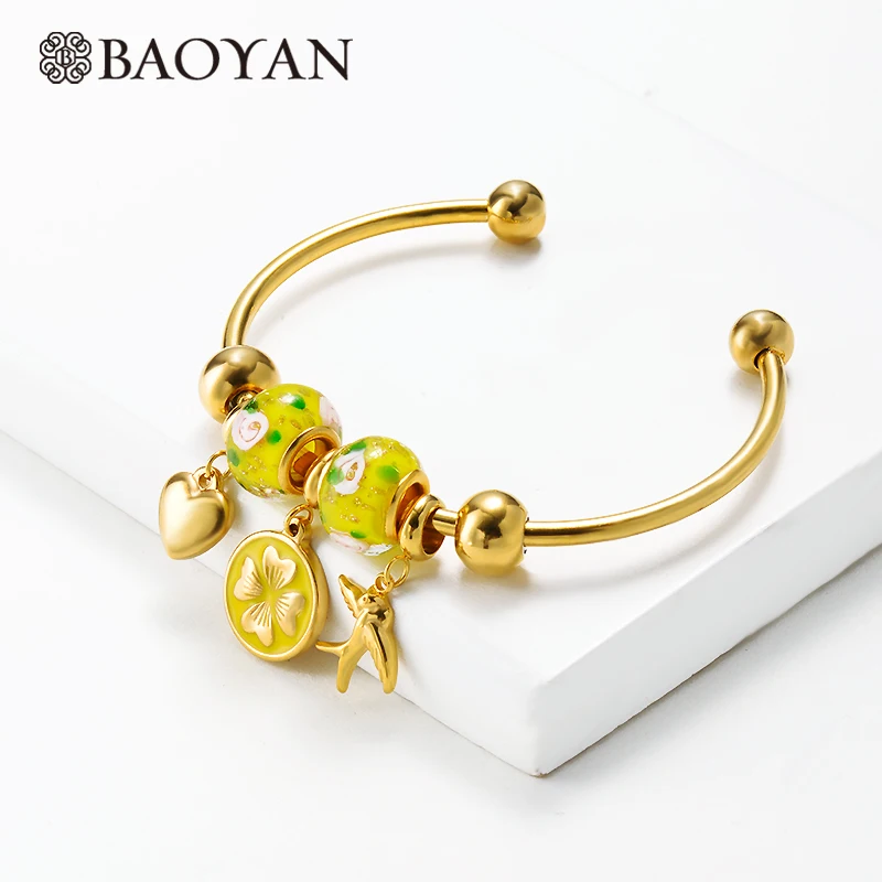 Baoyan, ручной работы, эмалированный браслет, позолота, нержавеющая сталь, открытые манжеты, браслеты, слон, сова, дерево, очаровательные браслеты для женщин - Окраска металла: SSBTG142-14621