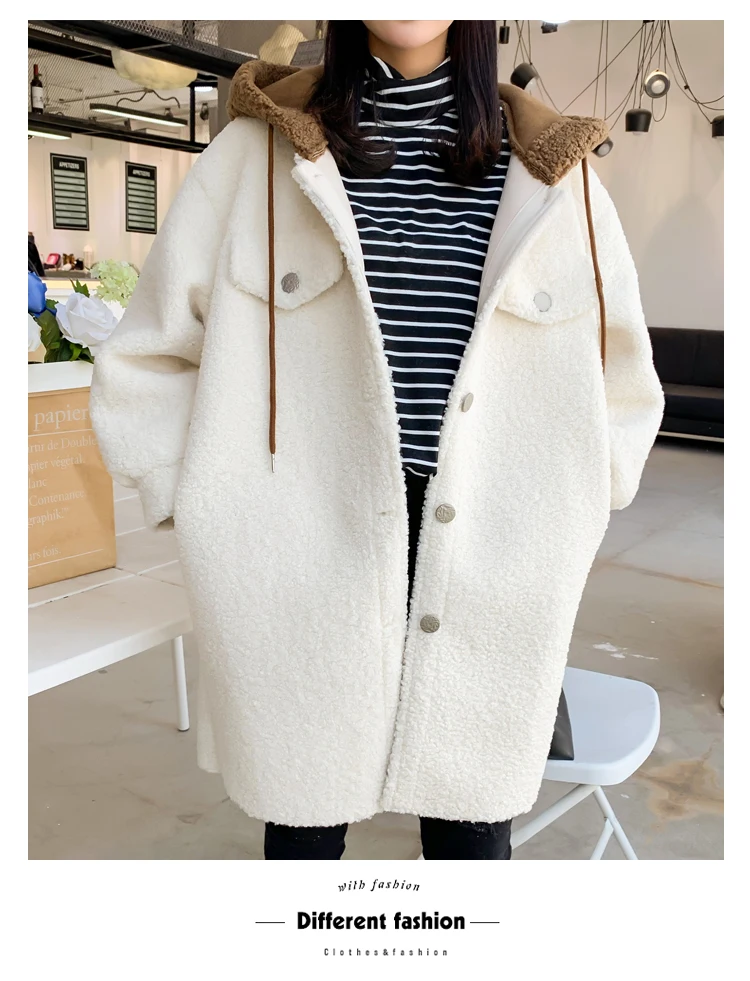 Зимнее женское повседневное флисовое пальто с капюшоном, имитация овчины, большие размеры, цвет белый, хаки, синий, однобортное, имитация овечьей шерсти, верхняя одежда