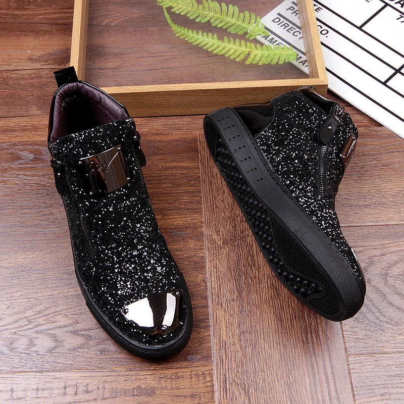 New Men's Casual Fashion Dress Shoes Sequins Zipper Outdoor High-Top Boots Business Leather Man Loafers Driving Party Flats
