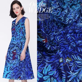 

Blue Digital Printed 140cm 19momme 93%silk 7%spandex Charmeuse Fabric for Dress Elasticity Diy Sewing Free Shipping Summer New
