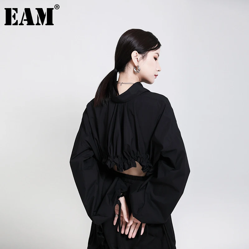 [EAM] Women Black Drawstring Backless Short Big