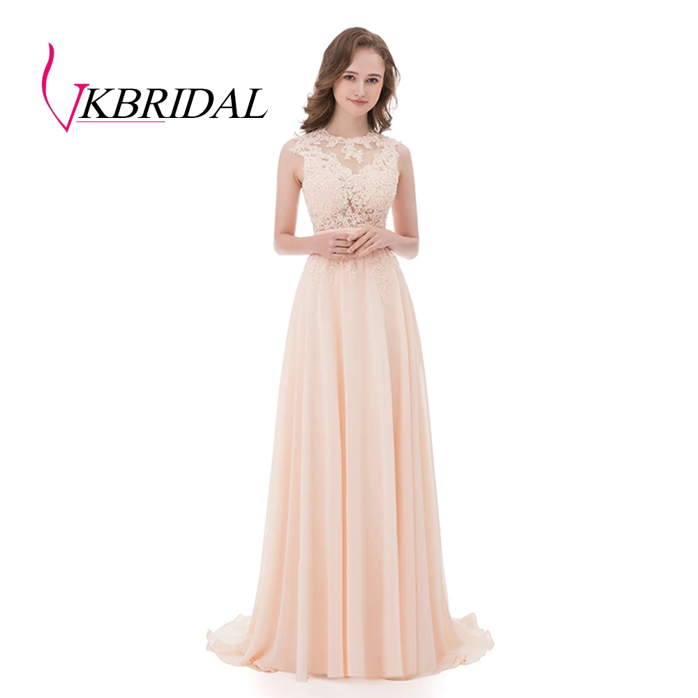VKBRIDAL длинные платья подружки невесты розовые шифоновые аппликационные кружева бисером возлюбленной отвесный лиф Формальные платья свадебное платье для гостей