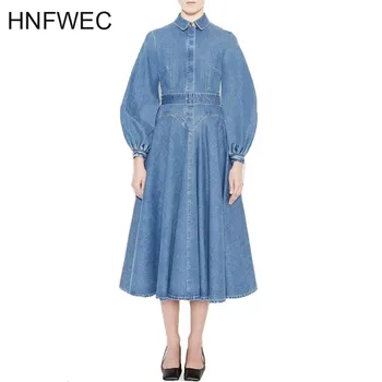 

2020 new autumn and winter turn-down collar full lantern sleeves light denim blue color waist belt A-line female dress K301
