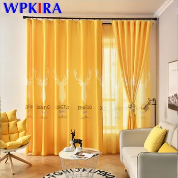 

Christmas Moose Printed Yellow Blackout Curtain for Kids Bedroom Window Drapes for Living room Decor Cartoon Curtain Tulle AD001