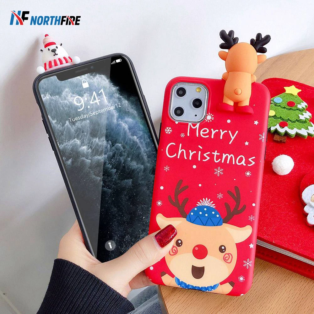 

Christmas New Years 3D Snowman Phone Case For iPhone 11 Pro Max XR XS Max X 6/6S/7/8 Plus Elk Cartoon Matte Back Cover Coque