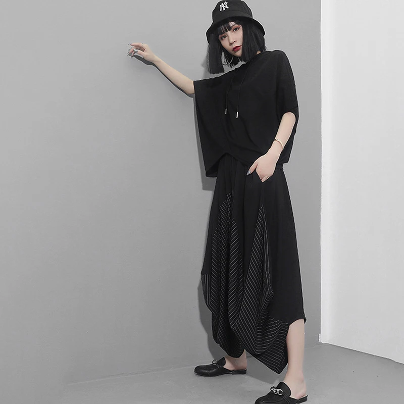 [EAM] High Elastic Waist Black Striped Split Long Harem Trousers New Loose Fit Pants Women Fashion Tide Spring Autumn 2020 1Z313
