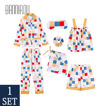 

Women's Cotton Pajamas Sets 7 Pieces Plaid Women Sleepwear Sets Spring Summer Autumn Winter Homewear Woman Pyjamas Sets 2020 New