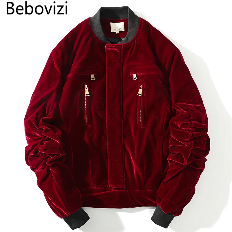 

Bebovizi 2019 Man Multi-pocket Velvet Jackets Kanye Streetwear Solid Color Velour Zipper Mens Coats Hip Hop Bomber Jacket