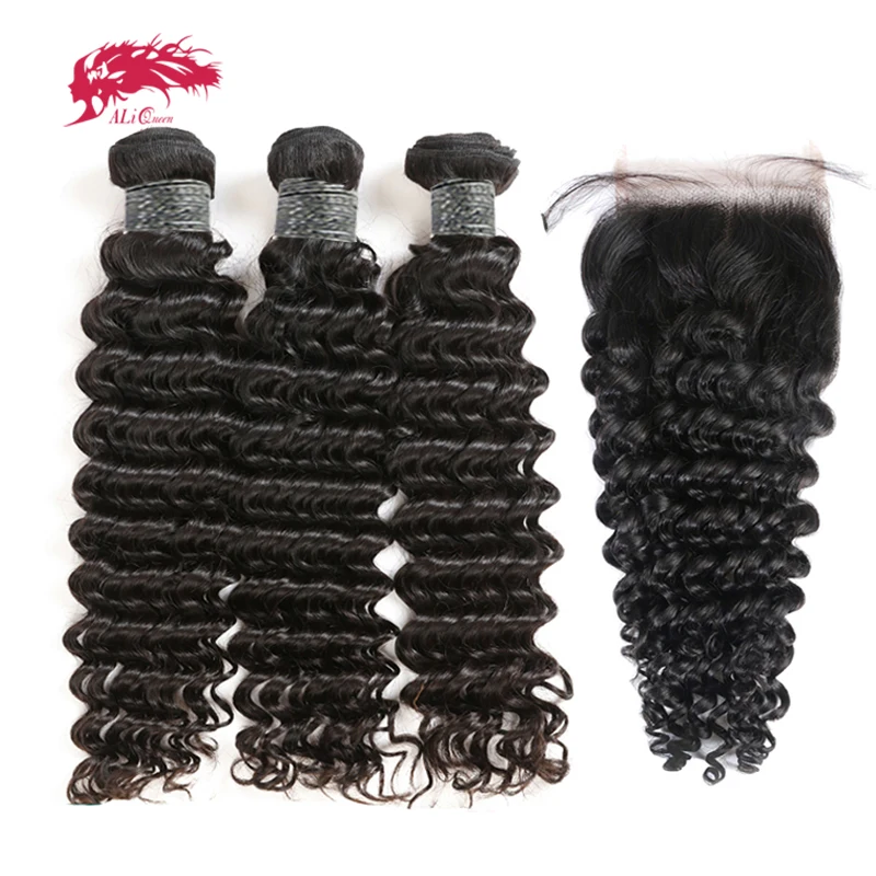 Ali Queen Hair 3/4Pcs Peruvian Deep Wave Remy Human Hair Bundle With Closure Free Part Natural Color Bundles With 4x4 Closure