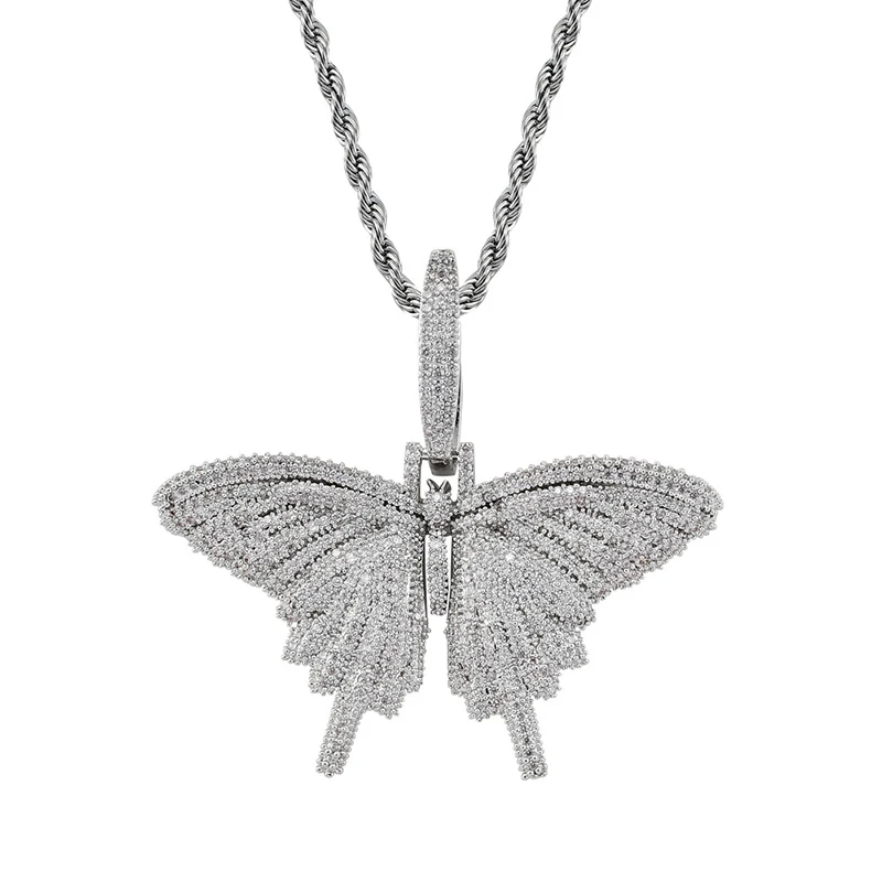 Микро проложили AAA+ кубический цирконий Bling Iced Out Бабочка Подвески ожерелье для женщин мужчин хип хоп рэппер ювелирные изделия розовое золото серебро - Окраска металла: gold white cz