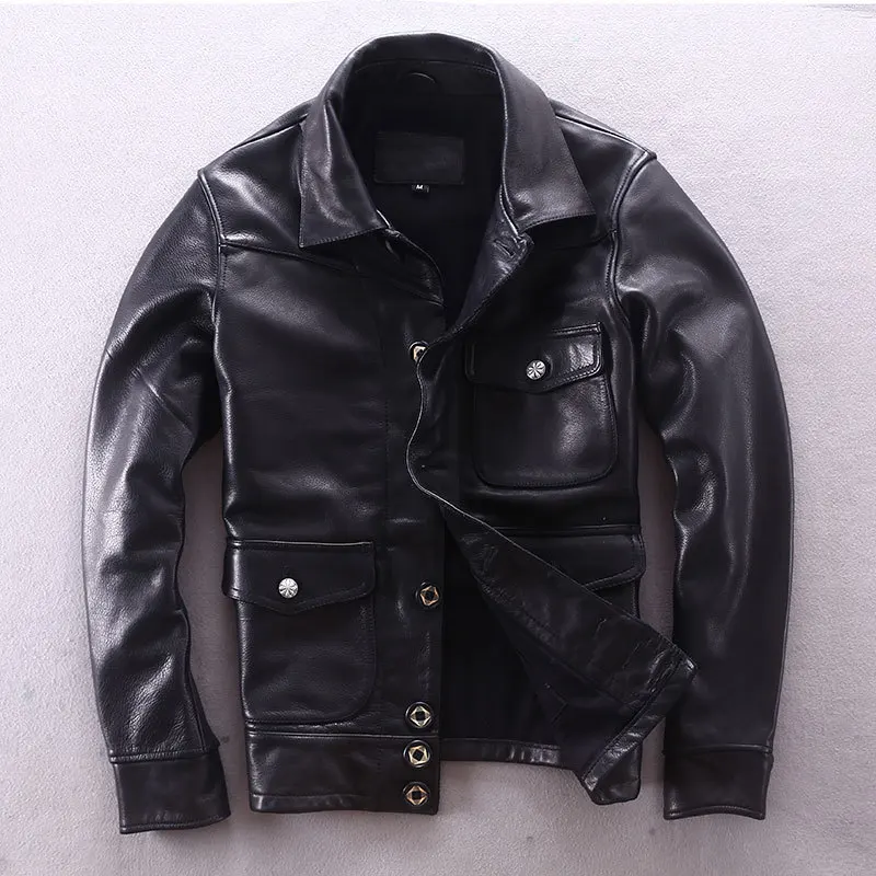 

2020 Motorcycle Men Cowhide Genuine Leather Jacket Male Slim Fit Short Multi-pocket Locomotive Clothing Biker Coat