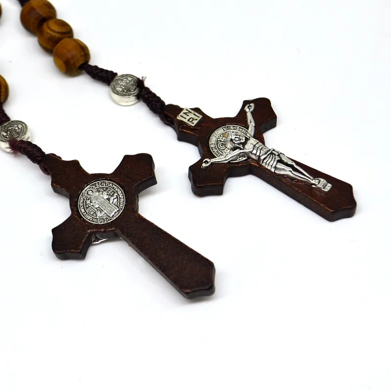 Pine Wood Rosary Beads Saint Benedict Medal INRI JESUS Cross Pendant Catholic Fashion Religious Jewelry