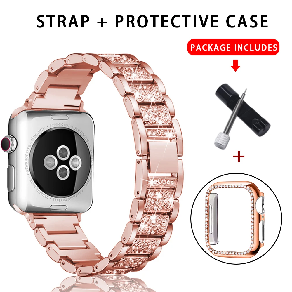 

Diamond Strap + Case for Apple Watch band 44mm 40mm for iWatch Series 5 4 3 2 1 Stainless Steel Bracelet 38mm 42mm Bling Cover