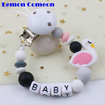 

1pc Pacifier Chain Beads Personalized Pacifier Holder Food Grade Silicone Teether Cartoon Flamingo Teething Toy With Name