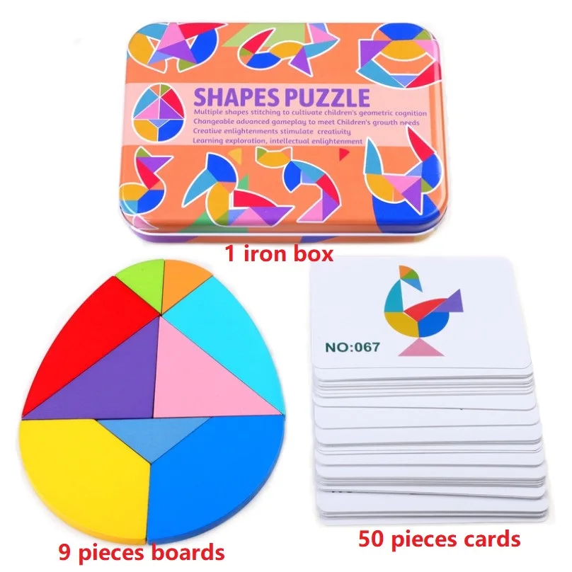 Специальные формы птица 9 штук деревянные Tangram головоломки игрушки Обучающие головоломки Когнитивное раннее образование 50 введение карты железный ящик