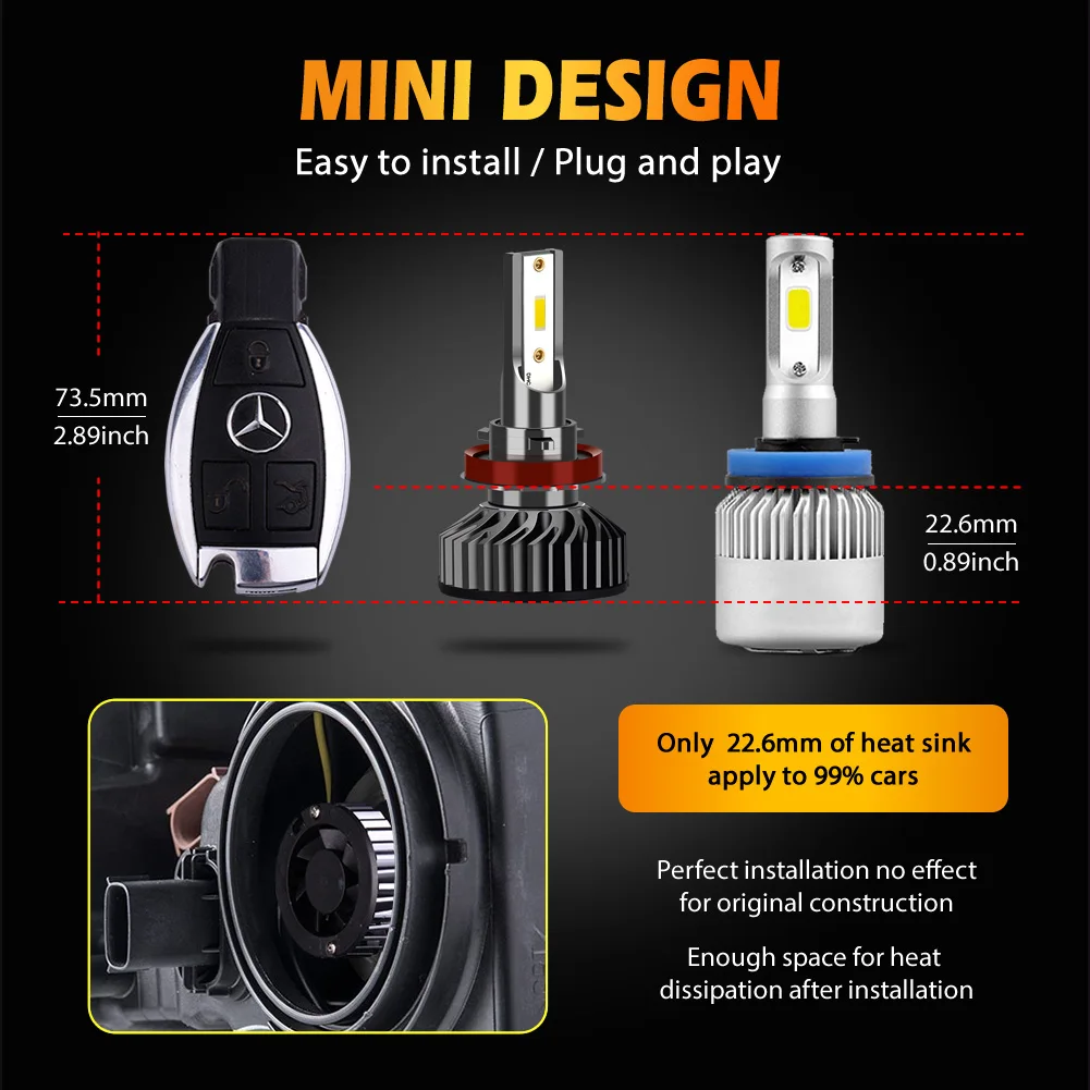 Автомобисветильник фары Hillpow H7 LED H4 светодиодный H1 H11 H3 H13 H27 880 9006 9007 72W 6500K 12V Auto 1860