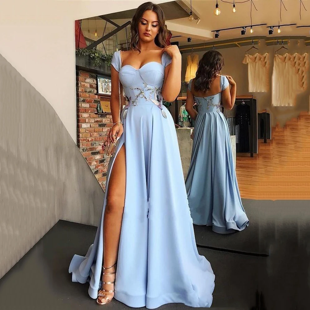 Eightree Sky Blue Formal Prom Party Dresses 2020 Sexy Side Split Appliques Evening Gowns Cap Sleeve Sweetheart Prom Dresses