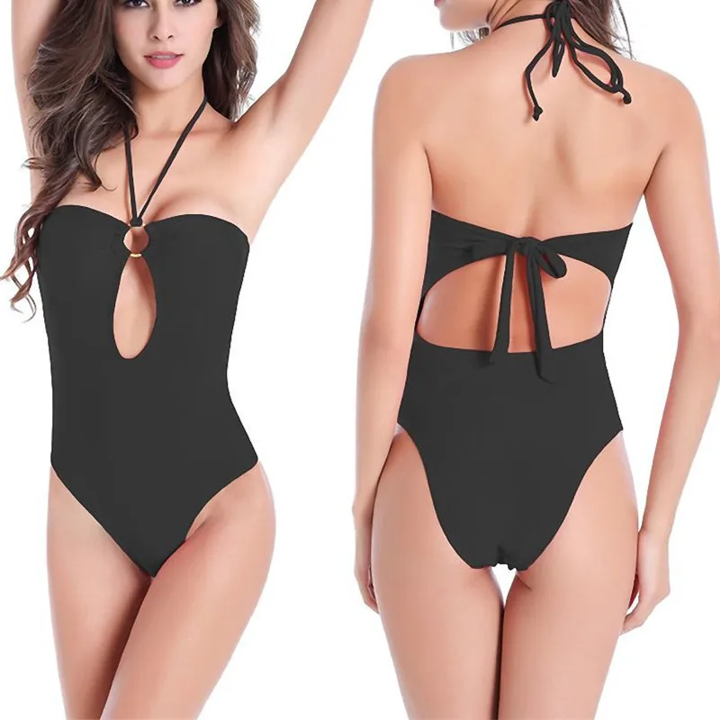 

One Piece Swimsuit 2020 Long Sleeve Swimwear Women Bandage Print Sexy Black Bathing Suit String Backless Beachwear