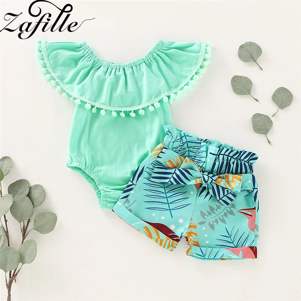 

ZAFILLE2020 Newborn Baby Clothes Cotton Green Off Shoulder Romper Floral Shorts Outfits For Baby Girl Clothes Set Kids Suits New