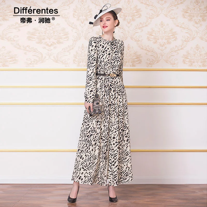 

elegant vintage long sleeve 2019 autumn dress ankle-length leopard print stand plus size M-3XL women dresses