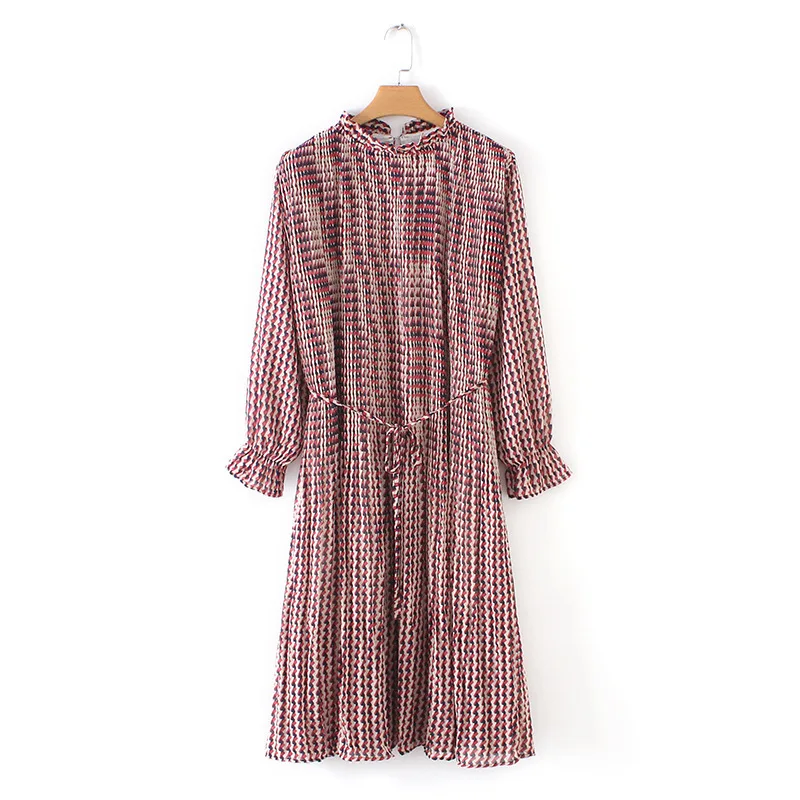 

2019 Western Style Autumn And Winter WOMEN'S Dress New Style Wave Pattern Printed Pleated Dress