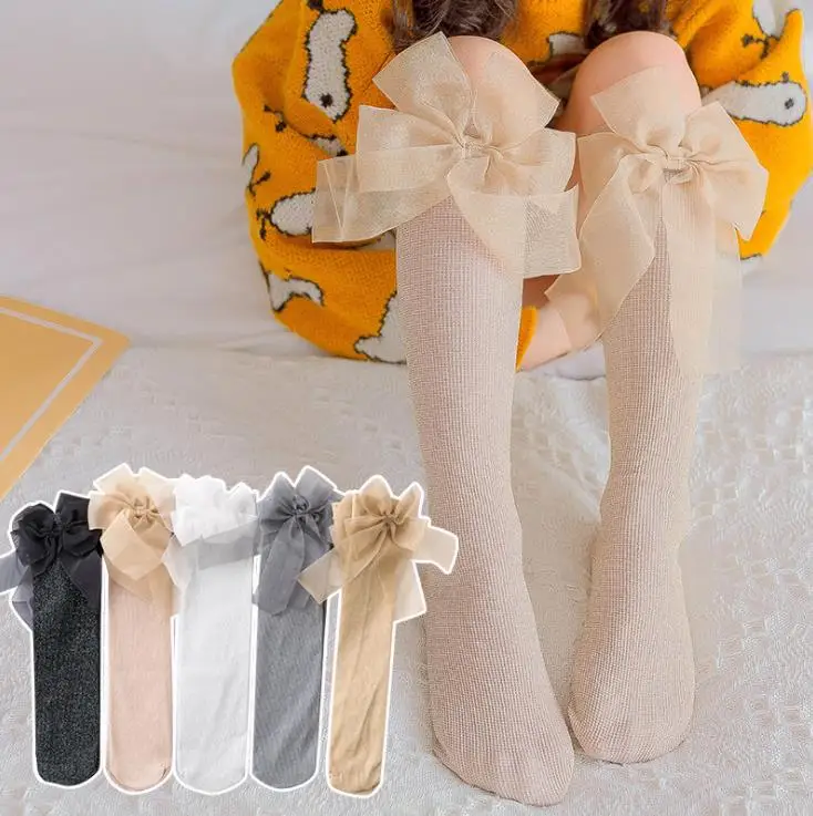 girls kittens Stockings lace knowknot girl thigh Knee socking half Heap socks Bright silk 3-10Years 5colors TZ05