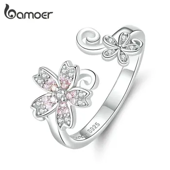 

bamoer GAR086 925 Sterling Silver Lovely Pink Sakura Flower Open Rings For Women Female Wedding Ring Silver Jewelry Trendy Gift