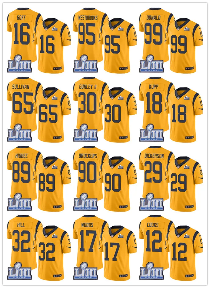 Супер Rams Bowl Лос-Анжелес Джерси 30 Тодд Герли II 99 Аарон Дональд 18 Купер Kupp 12 Брэндин повара сшитые майки