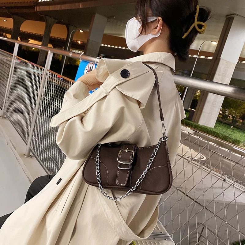 Vintage Armpit Shoulder Bags For Women Winter Nubuck Leather Shoulder Handbag With Chain Clutches Retro Underarmy Purse