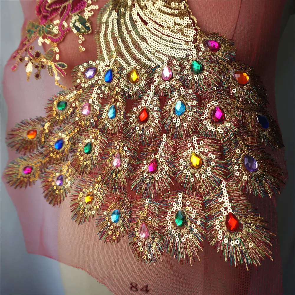 Description Picture 3 of itemSequin Peacock Rainbow Rhinestone Feather Tail Embroidered Gown Appliques Lace Fabric Red Mesh Sew Patch For Wedding Decoration