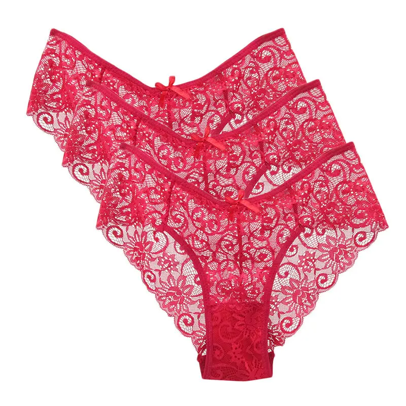 wine red 3 pcs 3 шт./упак.! Сексуальные женские кружевные трусики, нижнее белье, кружевные трусы s m l xl, прозрачное мягкое нижнее белье с цветочным бантом - Цвет: wine red 3 pcs