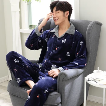 

Pajama Sets Men Turn-down Collar High Quality Warm Solid Mens Plus Size Pajamas Winter Hot Sale Males Home Clothing Thicker Chic