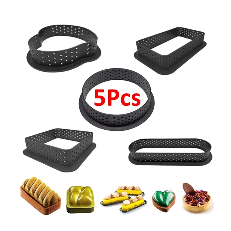 5 Pcs (Round Love Square Rectangle Oval) DIY Dessert Mousse Tart Ring Cutter Perforated Circle Bakeware Cake Mold | Дом и сад