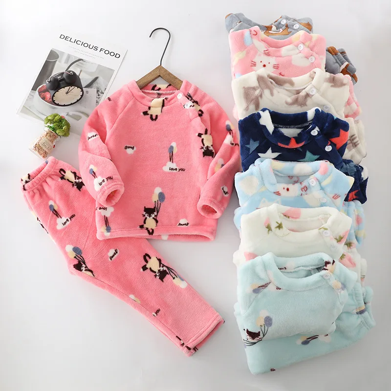 Comprar Pijamas de invierno de franela para niños conjuntos de ropa de dormir para niños ropa de dormir con animales de dibujos animados con estampado de bebés y niños pijamas para niñas