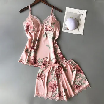 

Lace Print Erotic Lingerie Pajamas Set For Women Sexy V-neck Camisole And Shorts Female Sleepwear Summer Fashion Lady Homewear