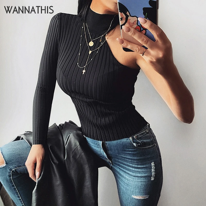 WannaThis черная Асимметричная рубашка с рукавом на одно плечо женская повседневная открытая с открытыми плечами облегающая Осенняя Модная рубашка эластичный Топ