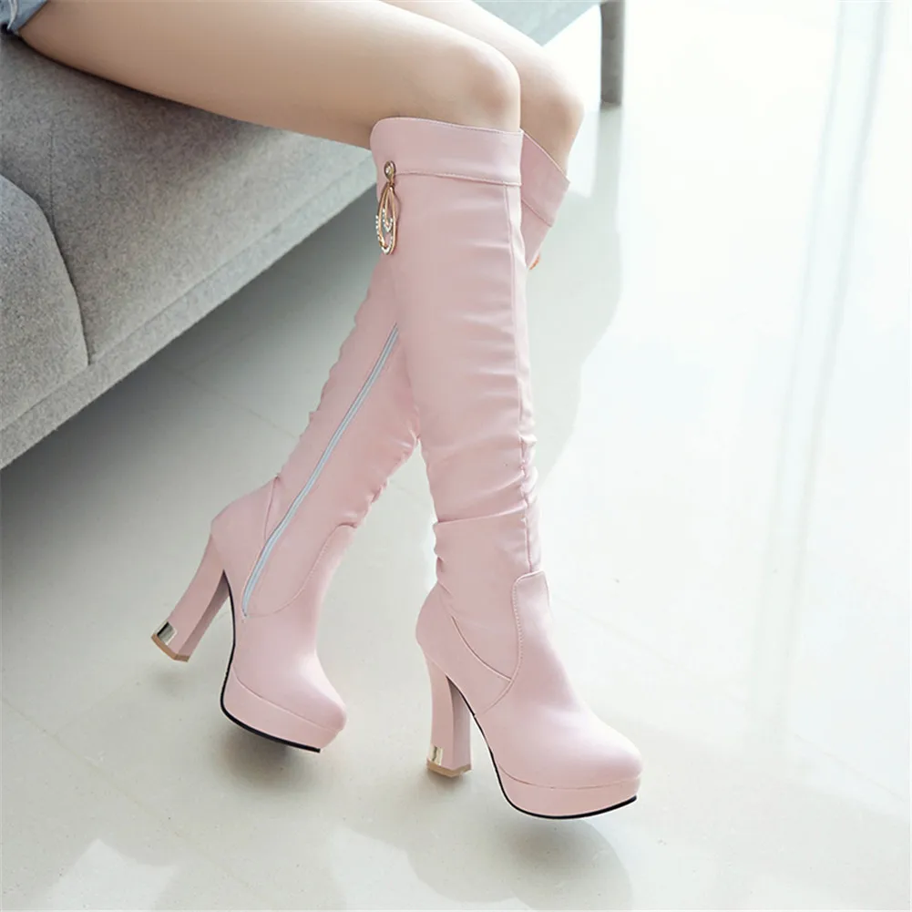 BONJOMARISA New Size 32-43 Hot Sale Platform Knee High Boots Women Office Lady High Heels Shoes Woman Fashion Pleated Boots